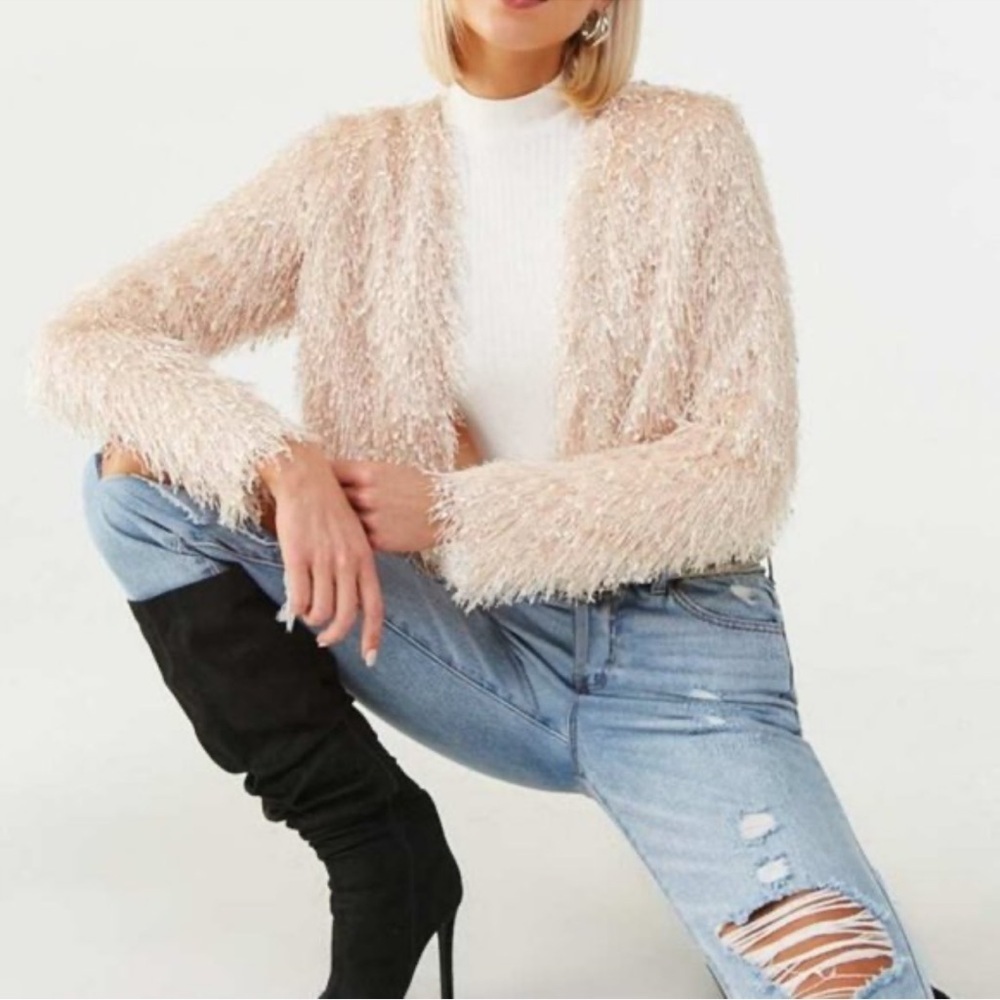 Forever 21 Women's Blush Sparkle Fringe Open Cardigan Jacket- size Medium